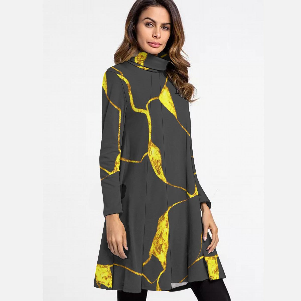 All-Over Print Women's High Neck Dress With Long Sleeve