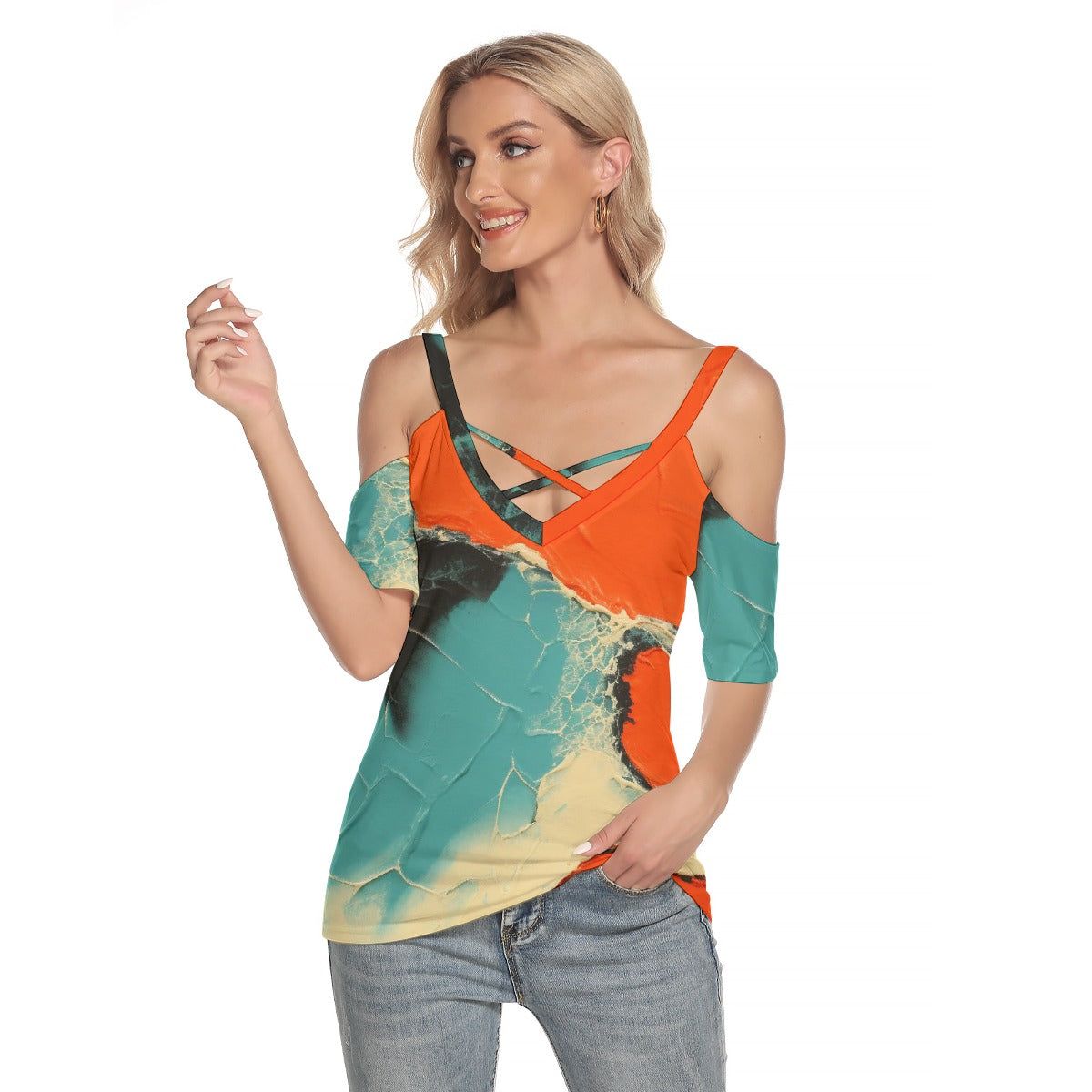 All-Over Print Women's Cold Shoulder T-shirt With Criss Cross Strips