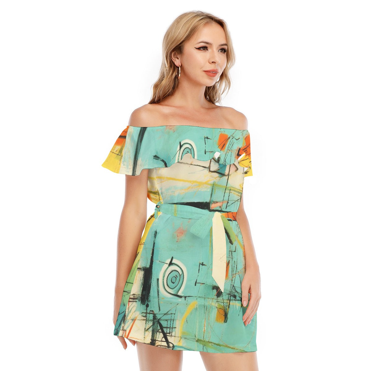 All-Over Print Women's Off-shoulder Dress With Ruffle