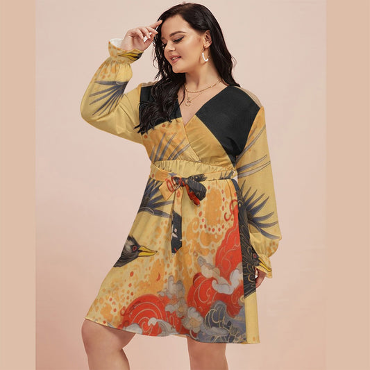 All-Over Print Women's V-neck Dress With Waistband(Plus Size)