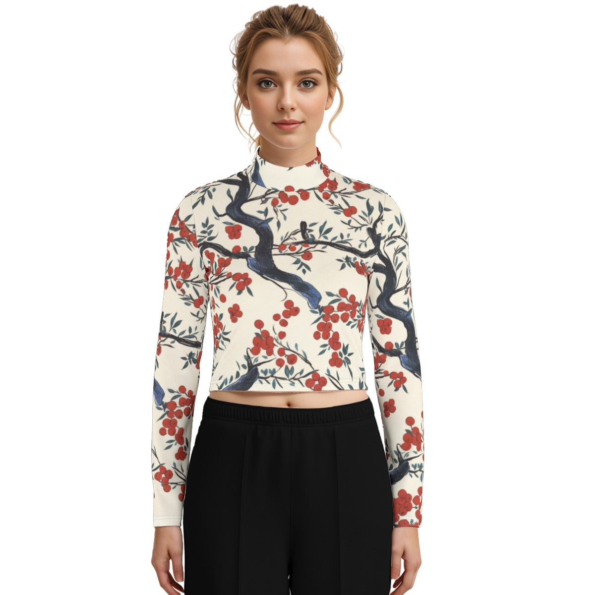 Eco-Friendly All-Over Print Women's Turtleneck T-shirt With Long Sleeve