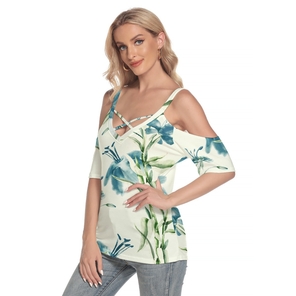 All-Over Print Women's Cold Shoulder T-shirt With Criss Cross Strips