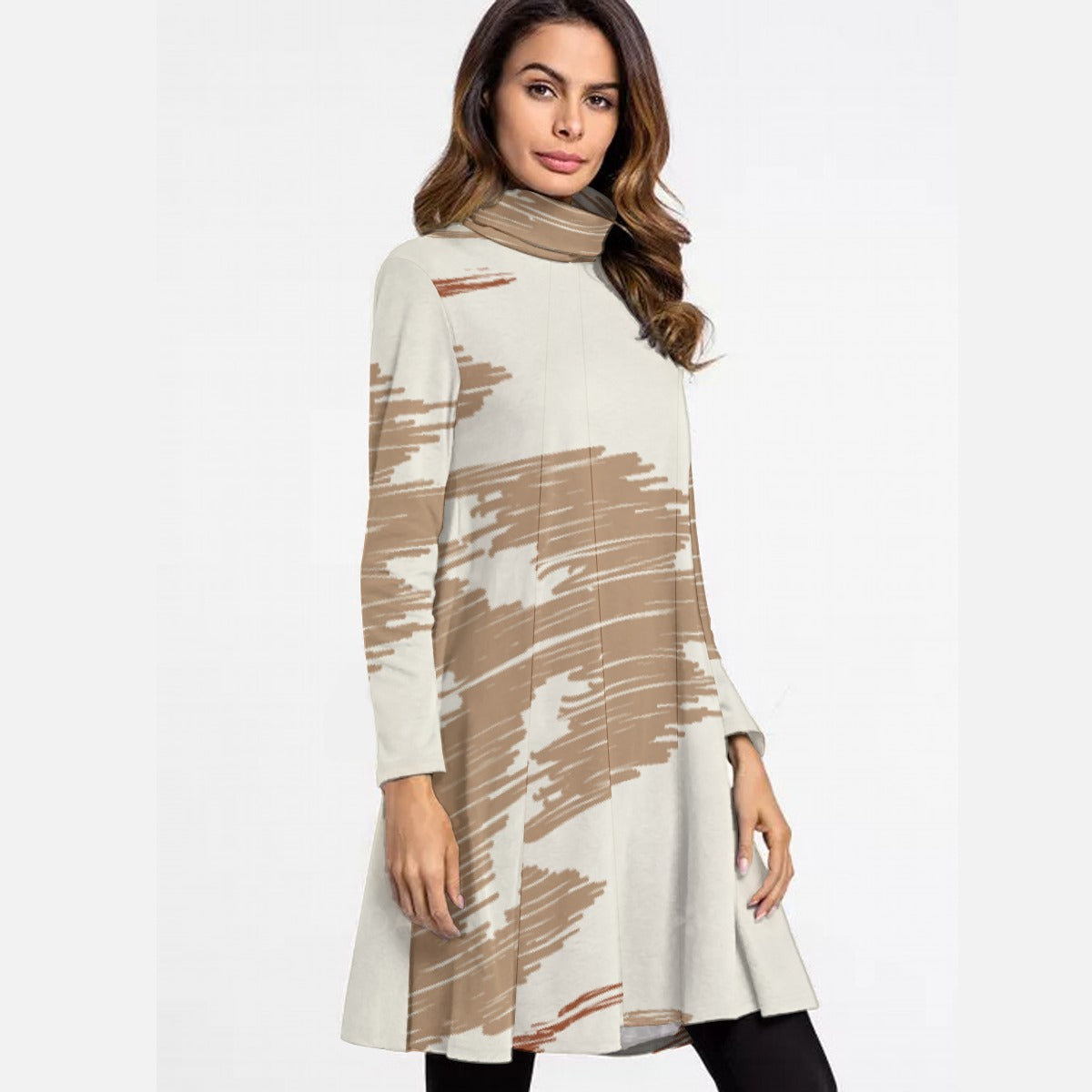 All-Over Print Women's High Neck Dress With Long Sleeve