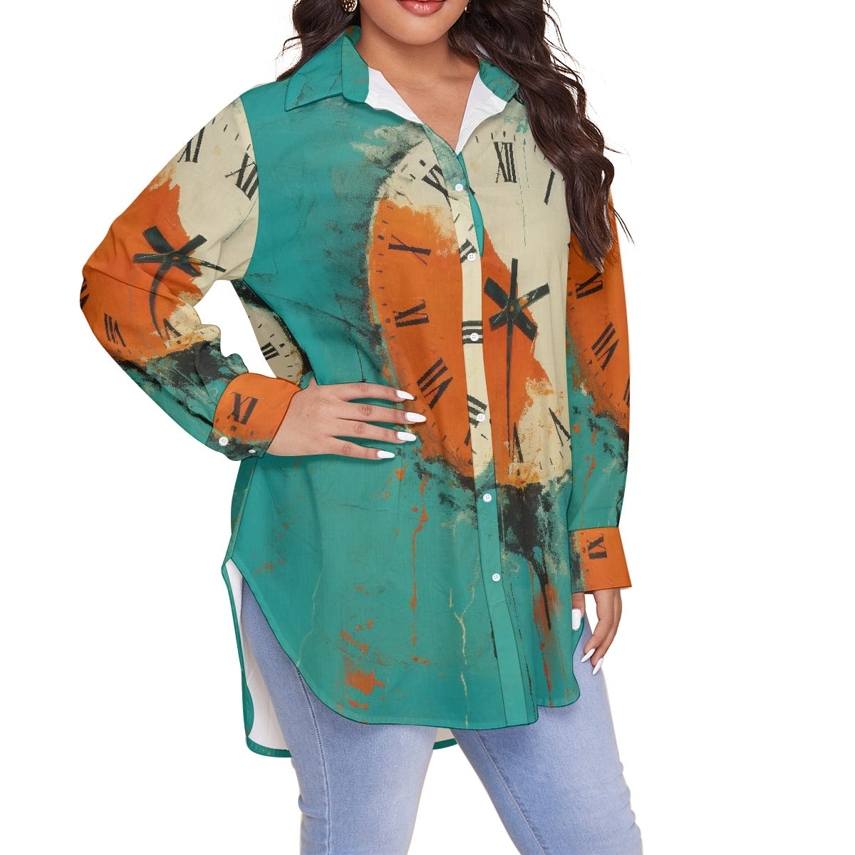 All-Over Print Women's Shirt With Long Sleeve(Plus Size)