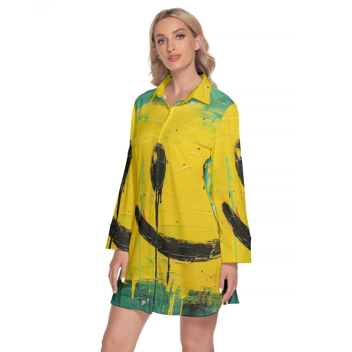 All-Over Print Women's Lapel Shirt Dress With Long Sleeve