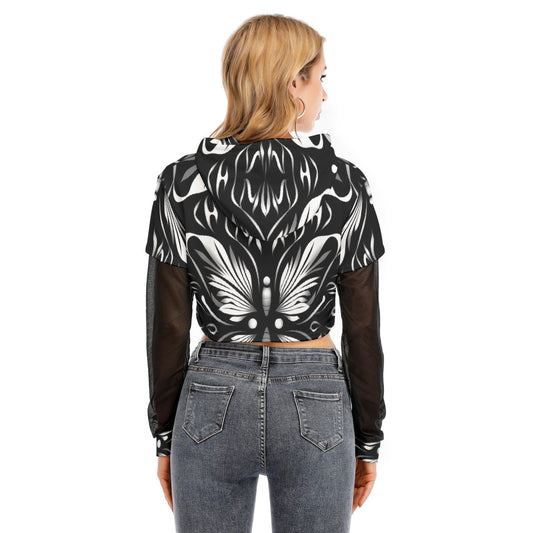 All-Over Print Women's Fake Two-piece Mesh Sleeve Cropped Hoodie