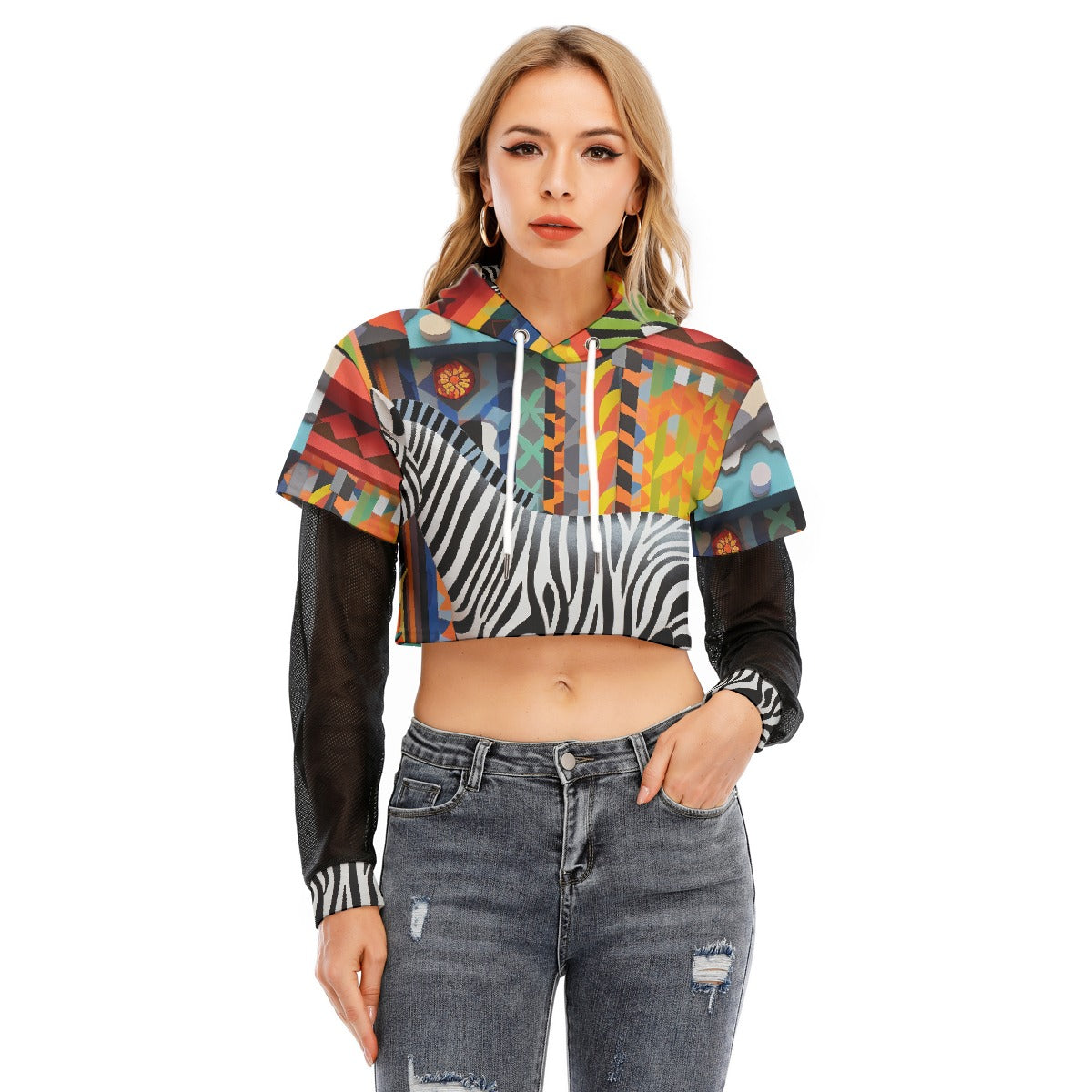 All-Over Print Women's Fake Two-piece Mesh Sleeve Cropped Hoodie