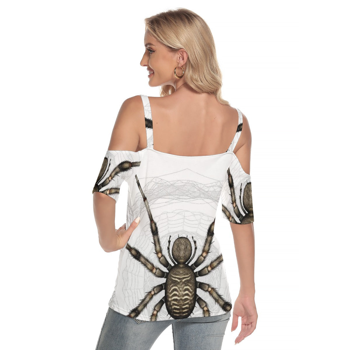 All-Over Print Women's Cold Shoulder T-shirt With Criss Cross Strips