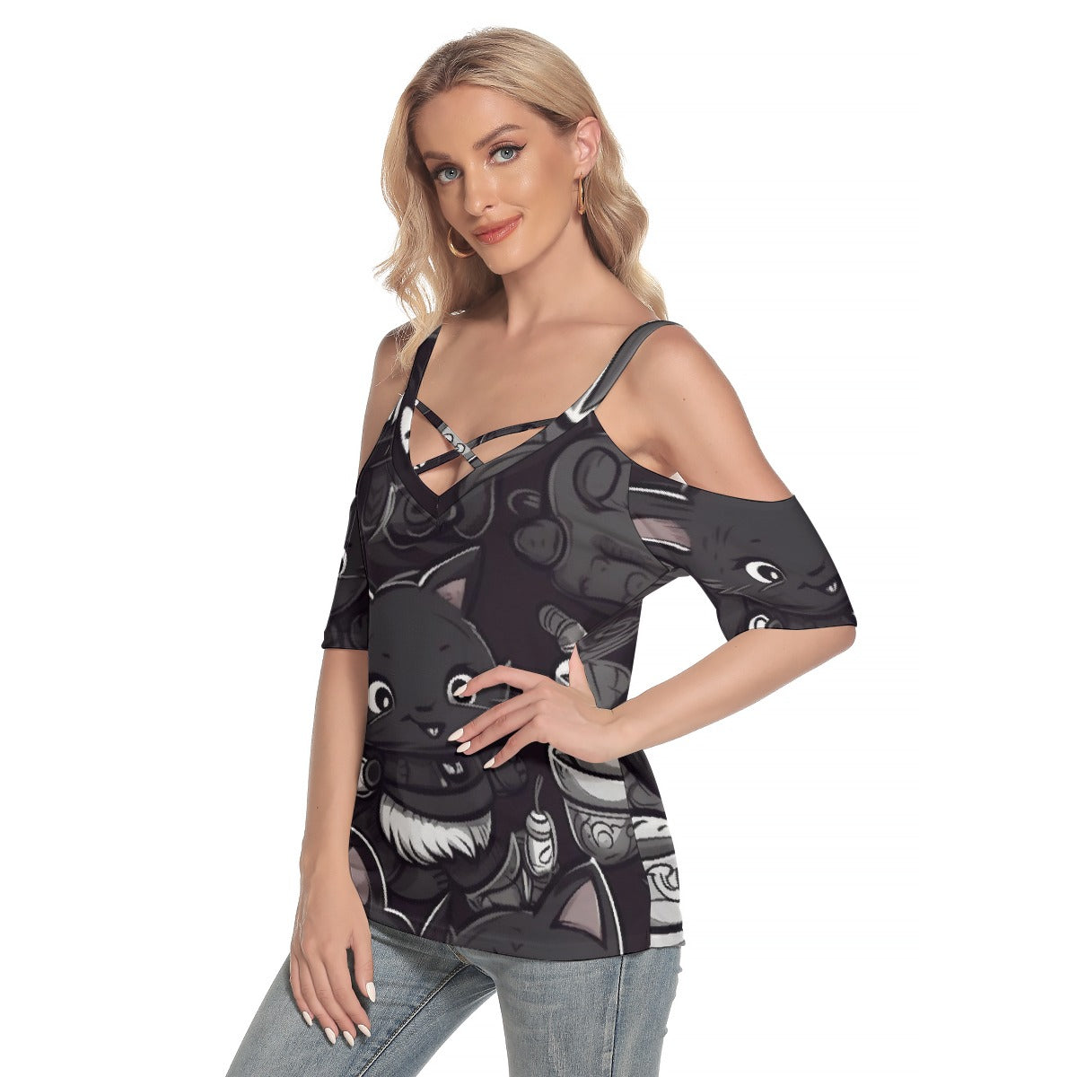 All-Over Print Women's Cold Shoulder T-shirt With Criss Cross Strips