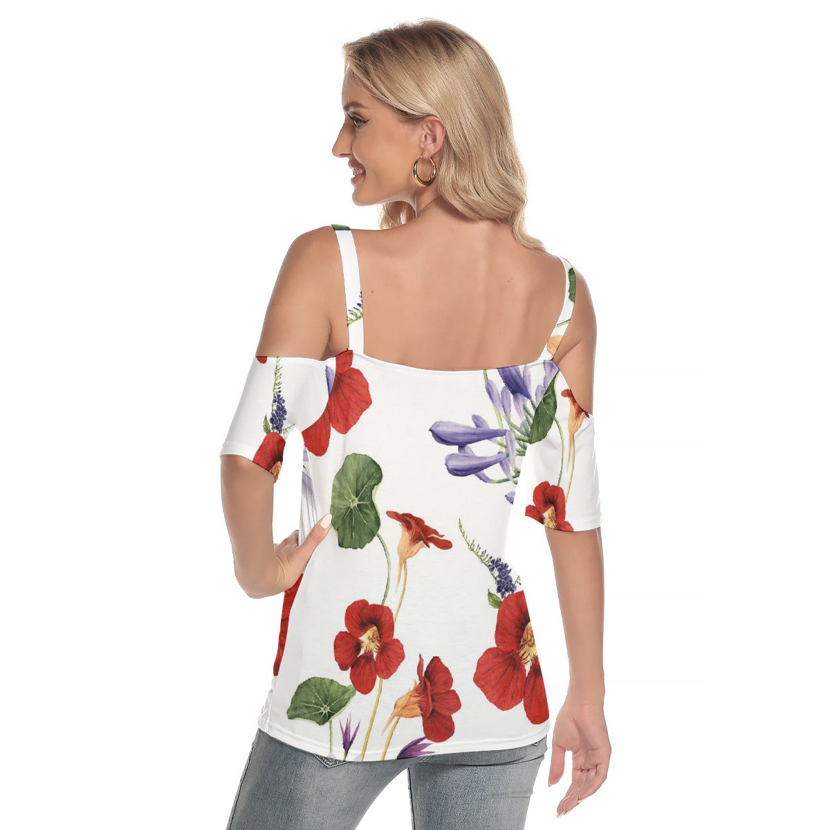 All-Over Print Women's Cold Shoulder T-shirt With Criss Cross Strips