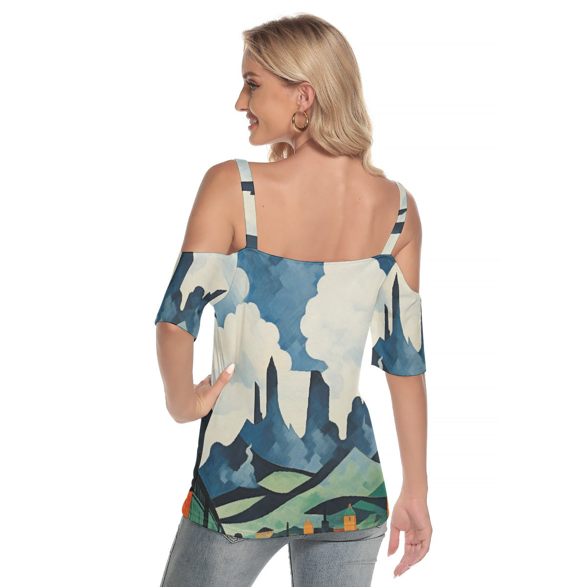 All-Over Print Women's Cold Shoulder T-shirt With Criss Cross Strips