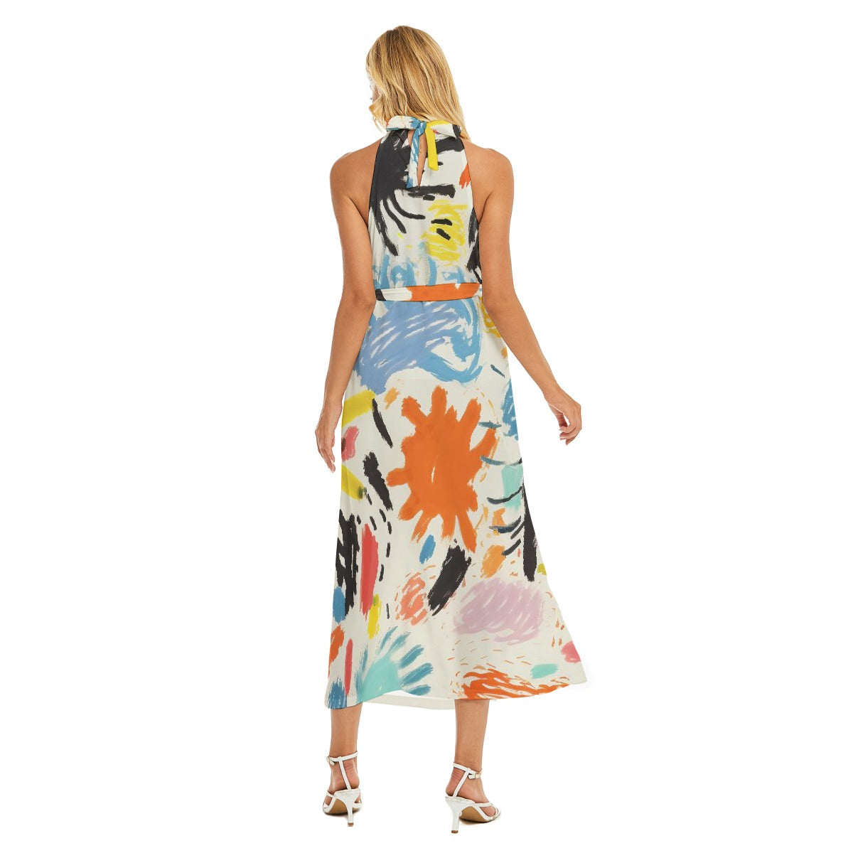 All-Over Print Women's Wrap Hem Belted Halter Dress