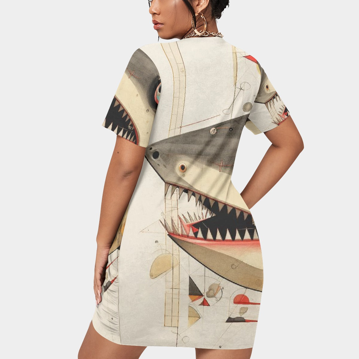 All-Over Print Women’s Stacked Hem Dress With Short Sleeve（Plus Size）