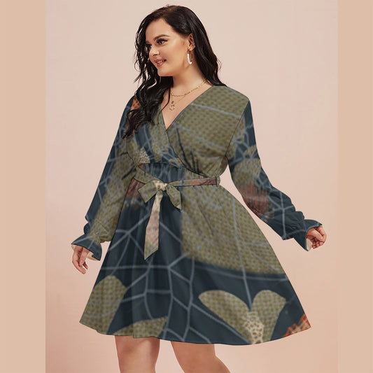 All-Over Print Women's V-neck Dress With Waistband(Plus Size)