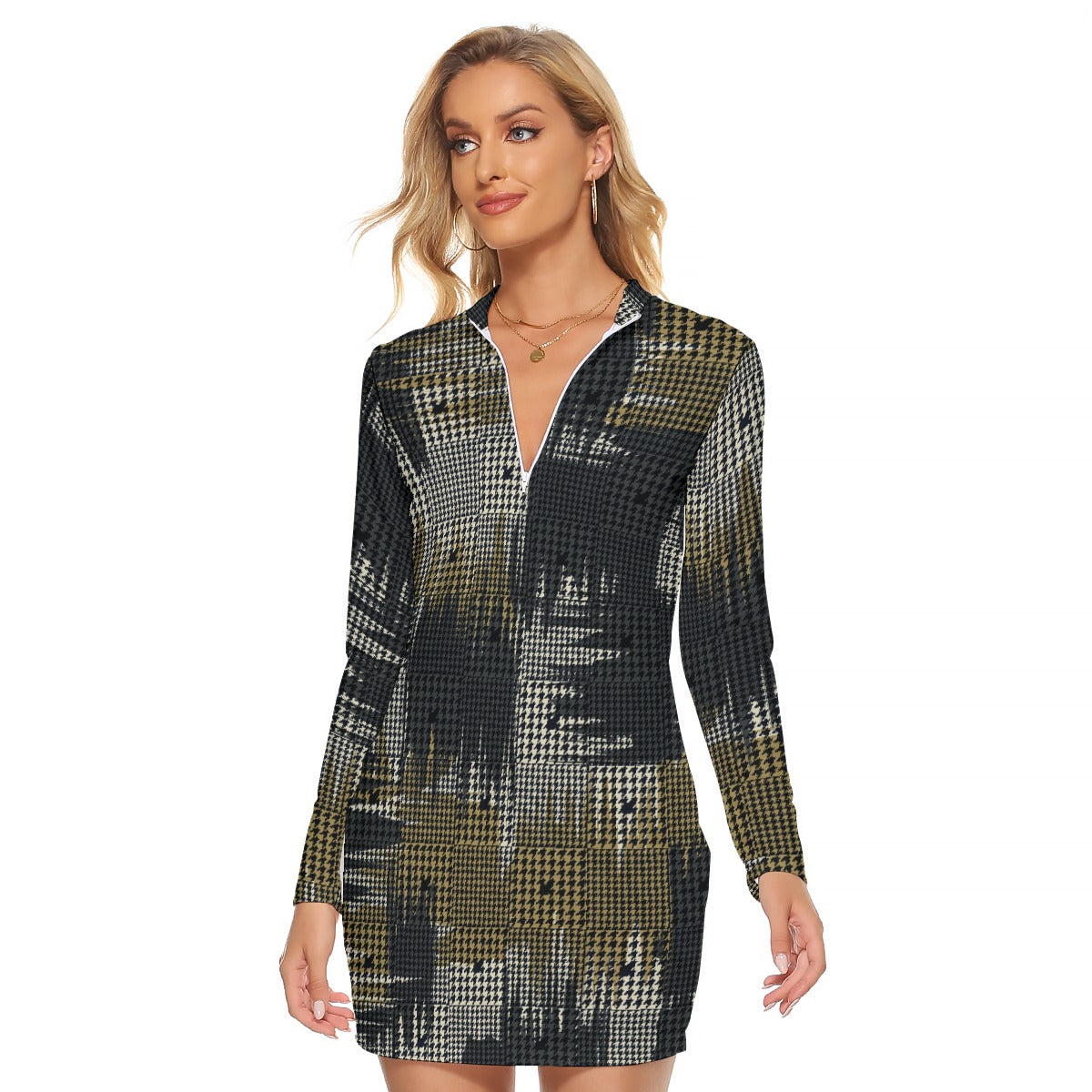 All-Over Print Women's Zip Front Tight Dress