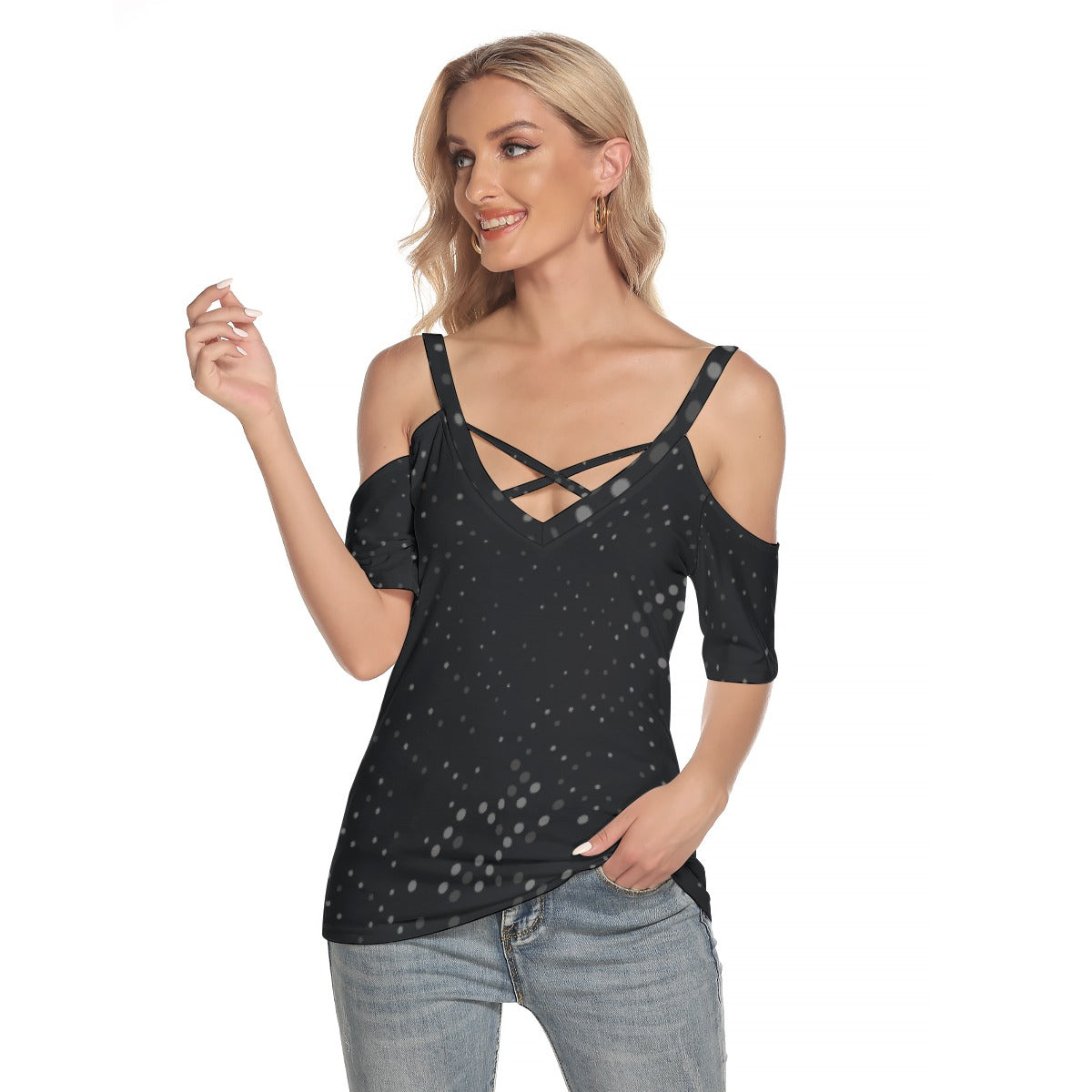 All-Over Print Women's Cold Shoulder T-shirt With Criss Cross Strips