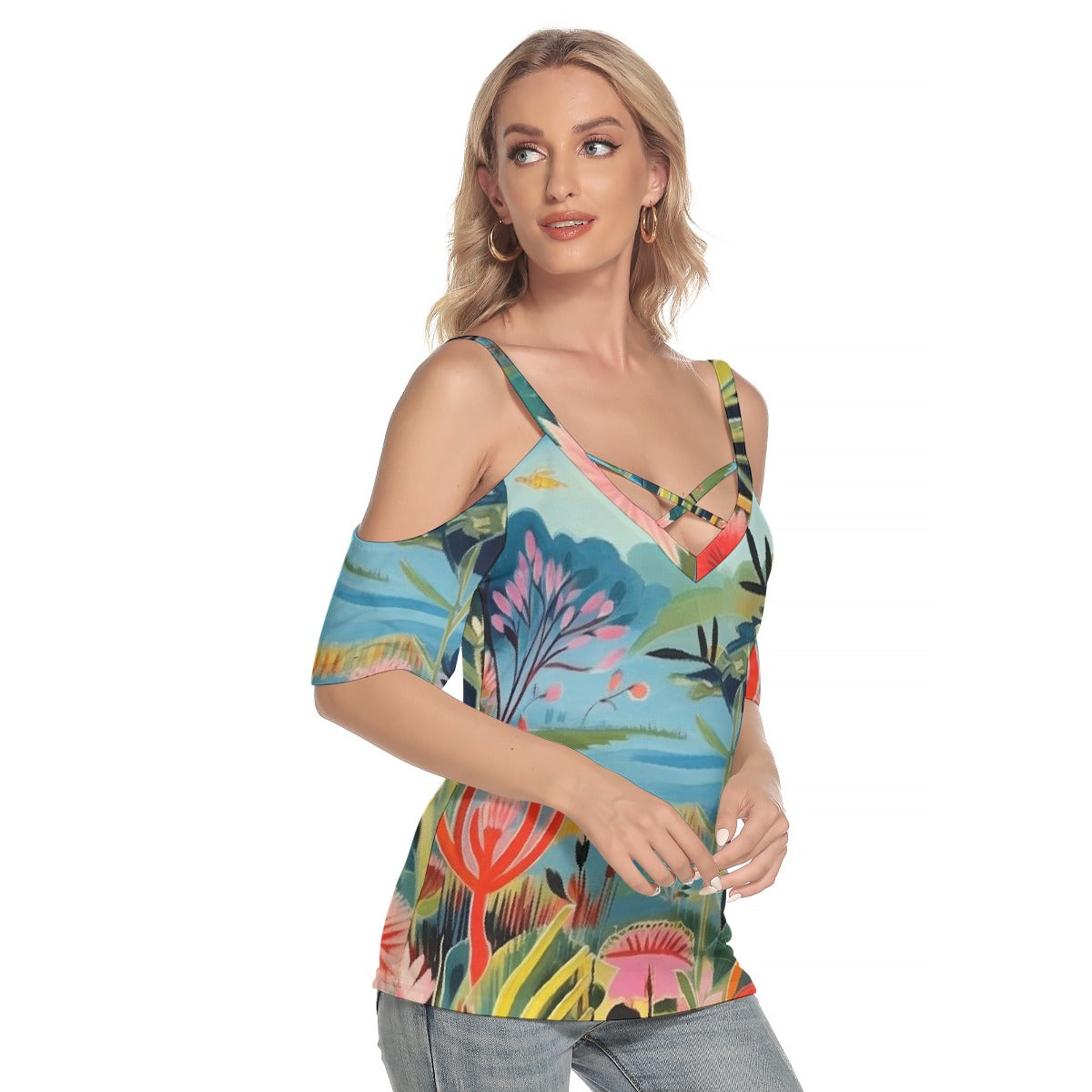 All-Over Print Women's Cold Shoulder T-shirt With Criss Cross Strips