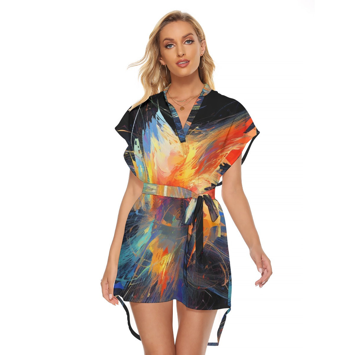 All-Over Print Women's Stand-up Collar Casual Dress With Belt