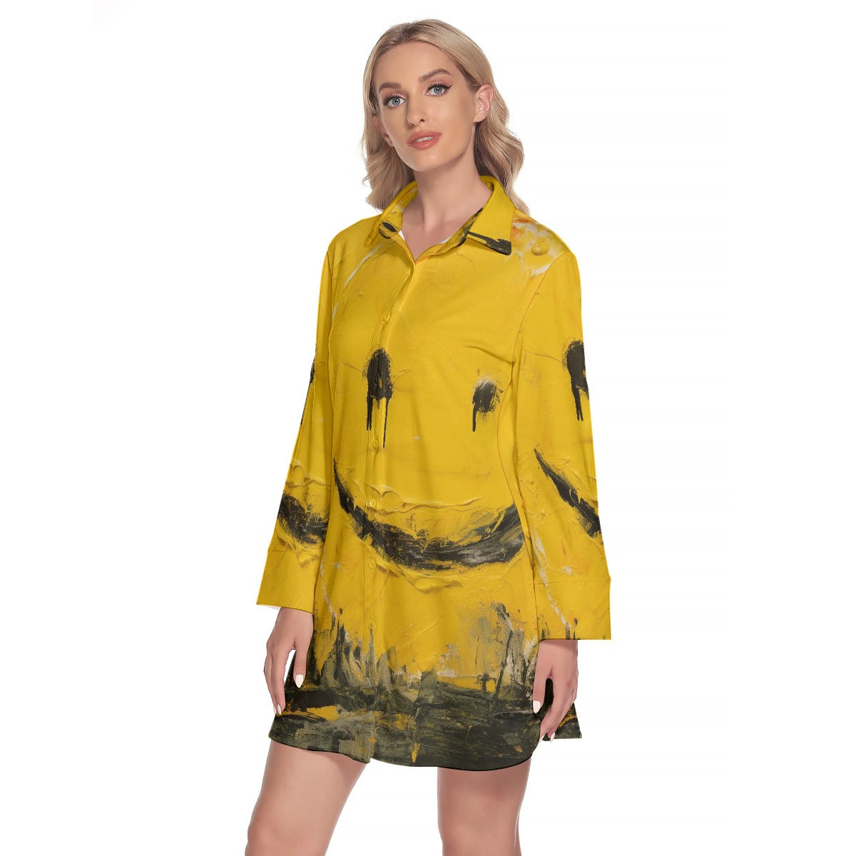 All-Over Print Women's Lapel Shirt Dress With Long Sleeve