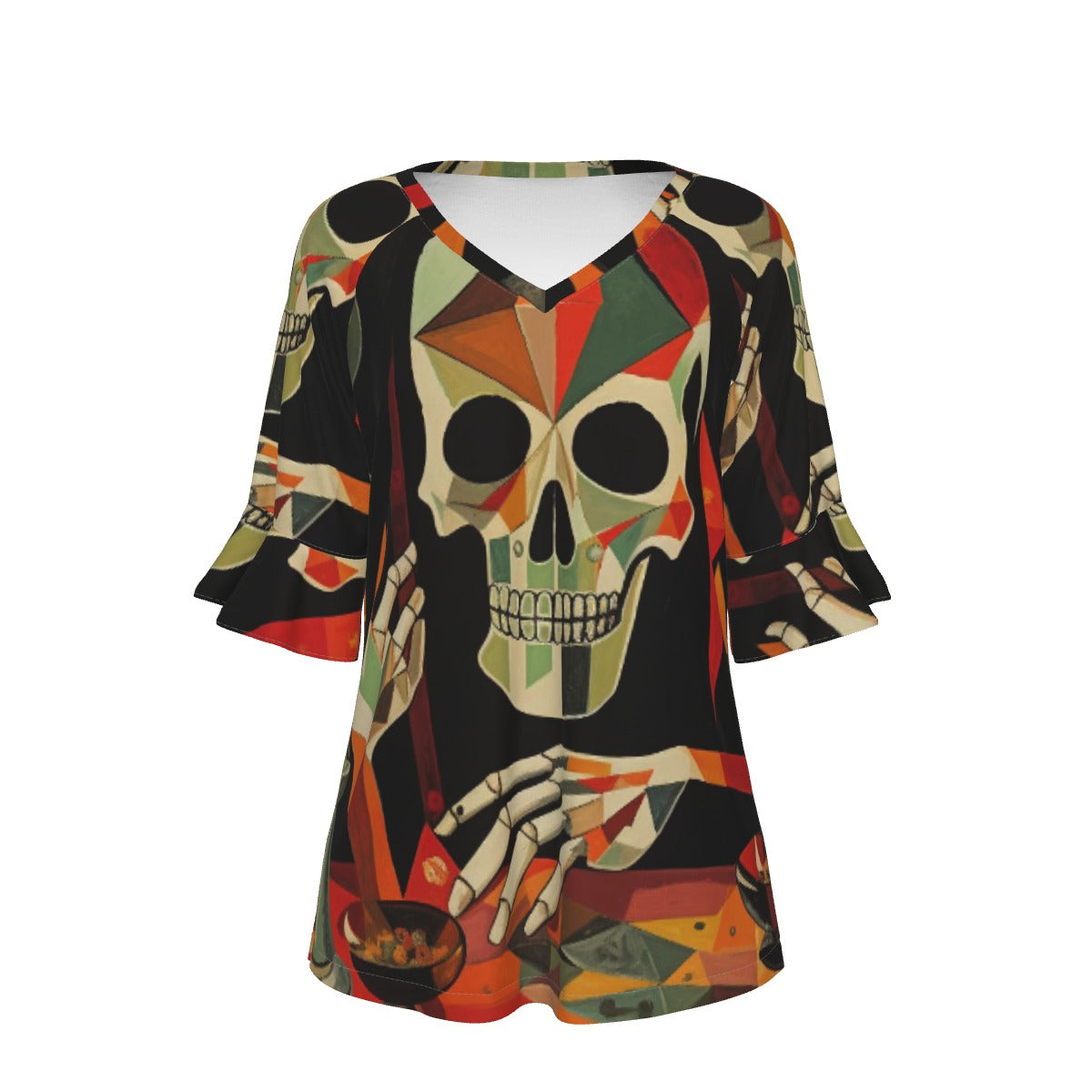 All-Over Print V-neck Women's T-shirt With Bell Sleeve