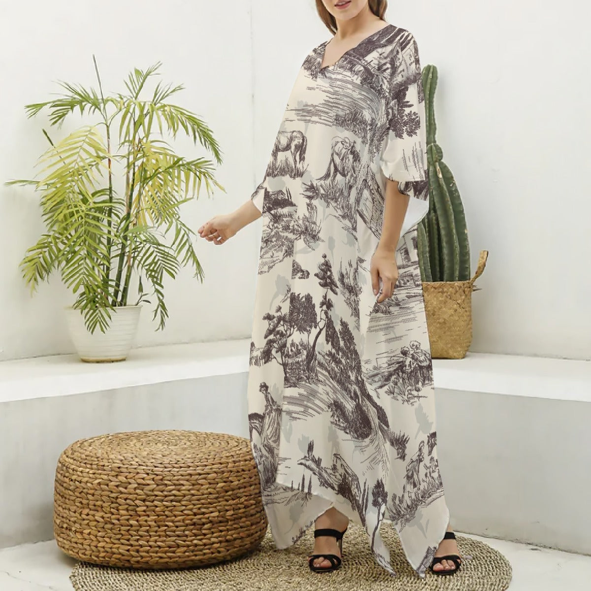 All-Over Print Women's Imitation Silk V-neck Kaftan Robe