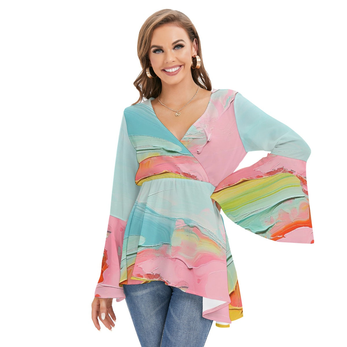 All-Over Print Women's V-neck Blouse With Flared Sleeves