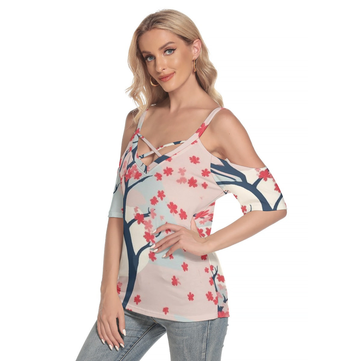 All-Over Print Women's Cold Shoulder T-shirt With Criss Cross Strips