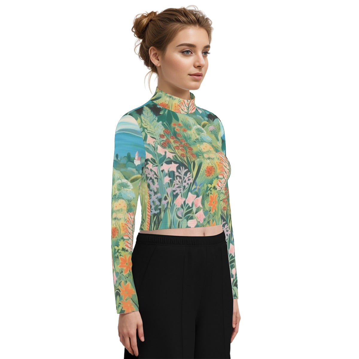 Eco-Friendly All-Over Print Women's Turtleneck T-shirt With Long Sleeve