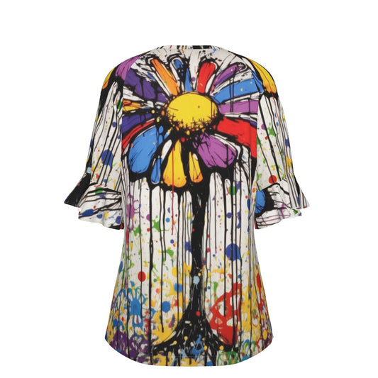 All-Over Print V-neck Women's T-shirt With Bell Sleeve