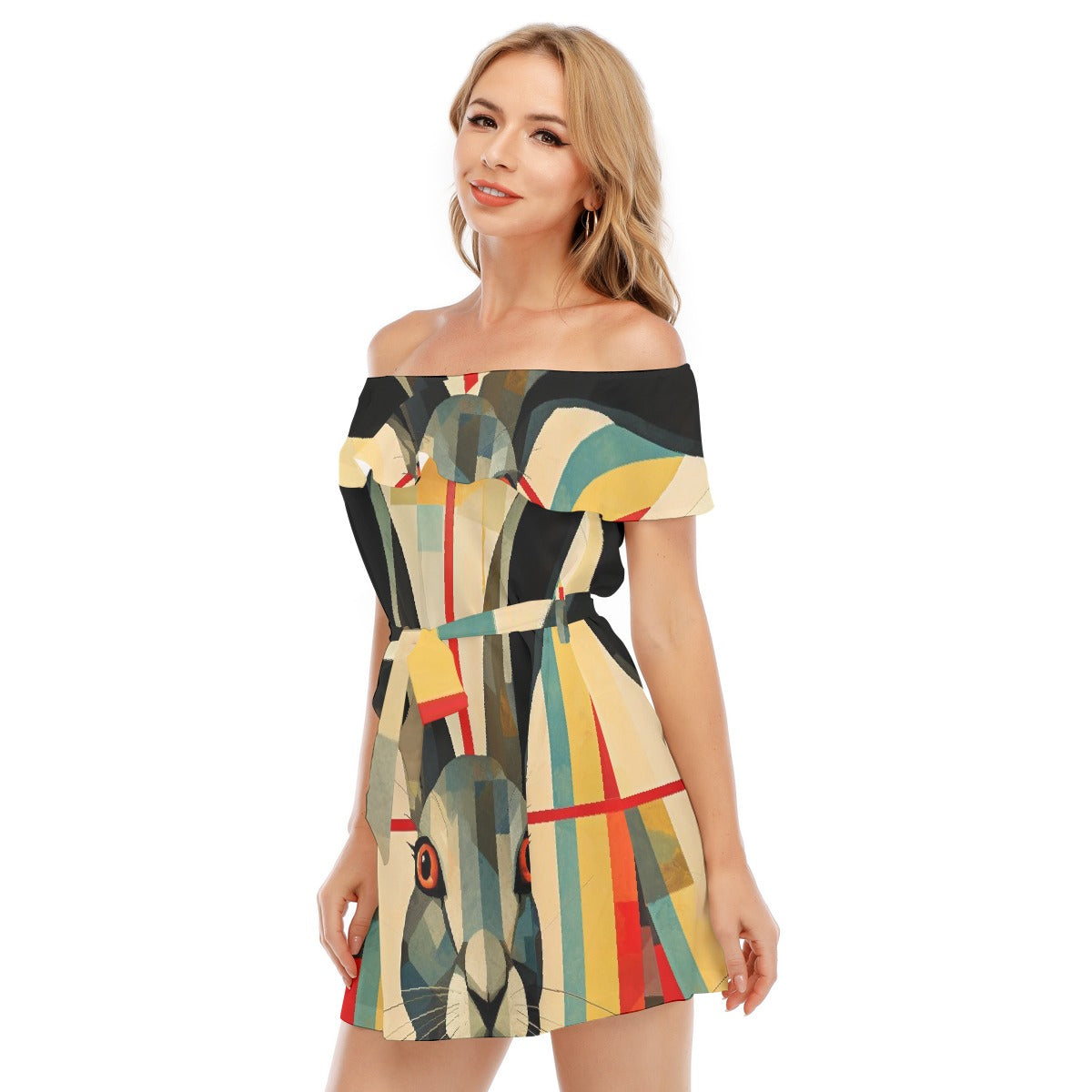 All-Over Print Women's Off-shoulder Dress With Ruffle