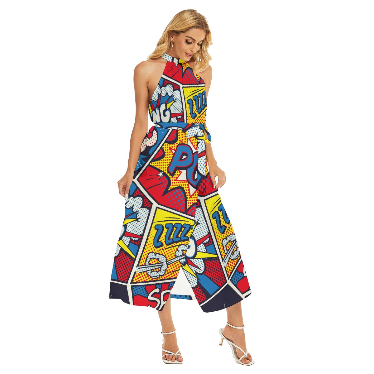 All-Over Print Women's Wrap Hem Belted Halter Dress