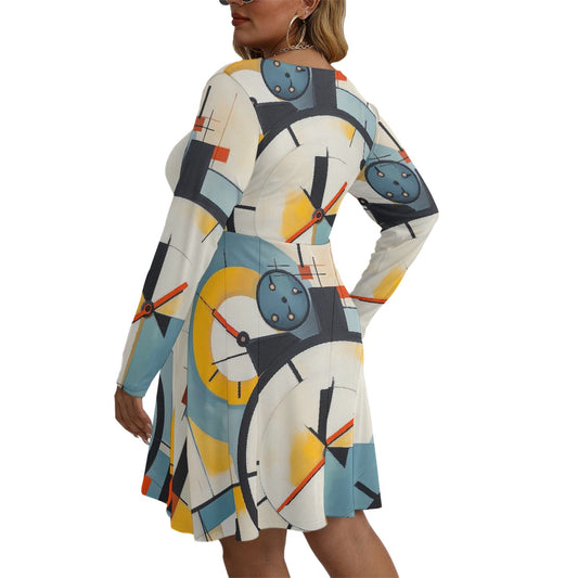 All-Over Print Women's V-neck Long Sleeve Dress(Plus Size)