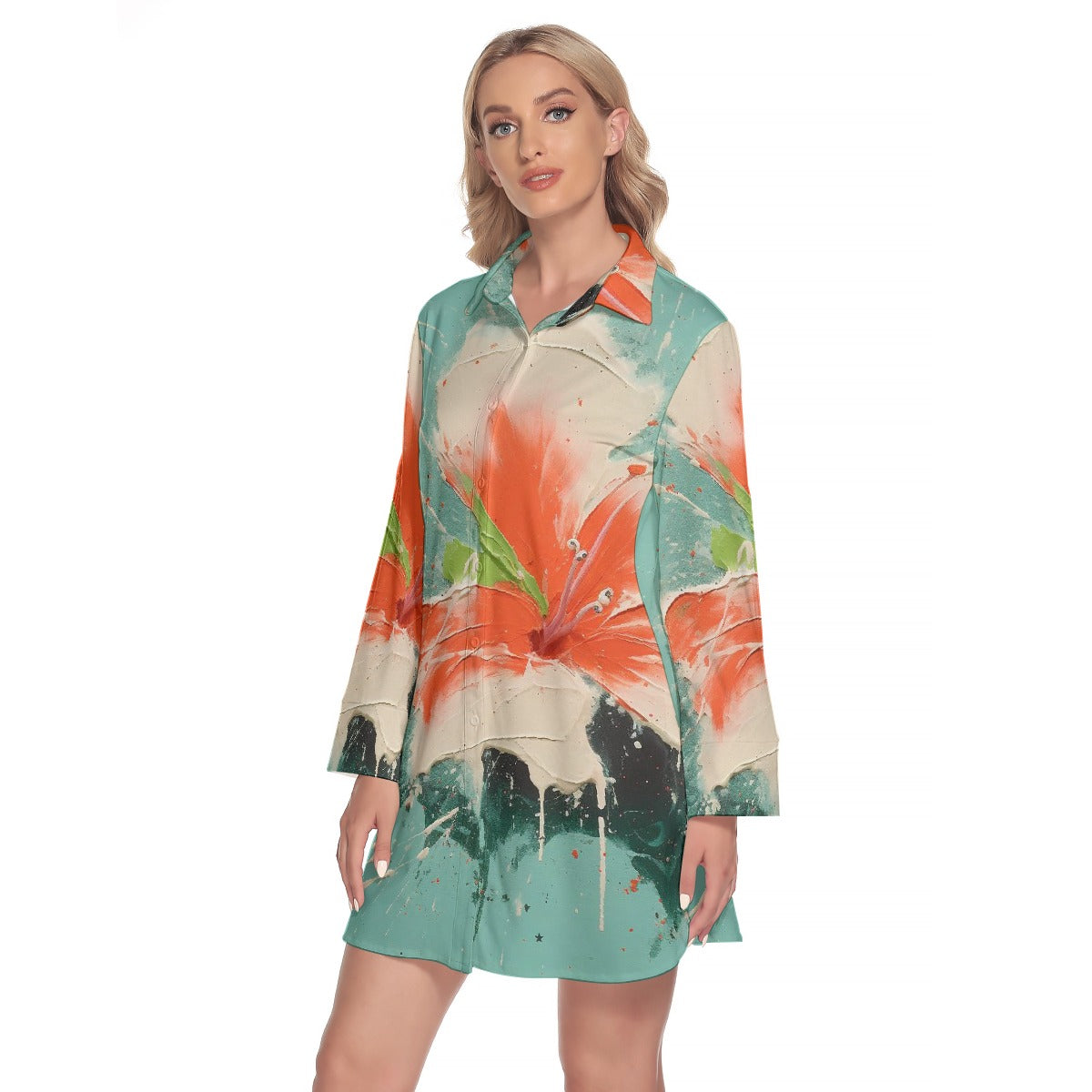 All-Over Print Women's Lapel Shirt Dress With Long Sleeve