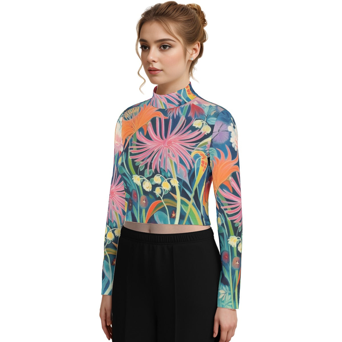 Eco-Friendly All-Over Print Women's Turtleneck T-shirt With Long Sleeve