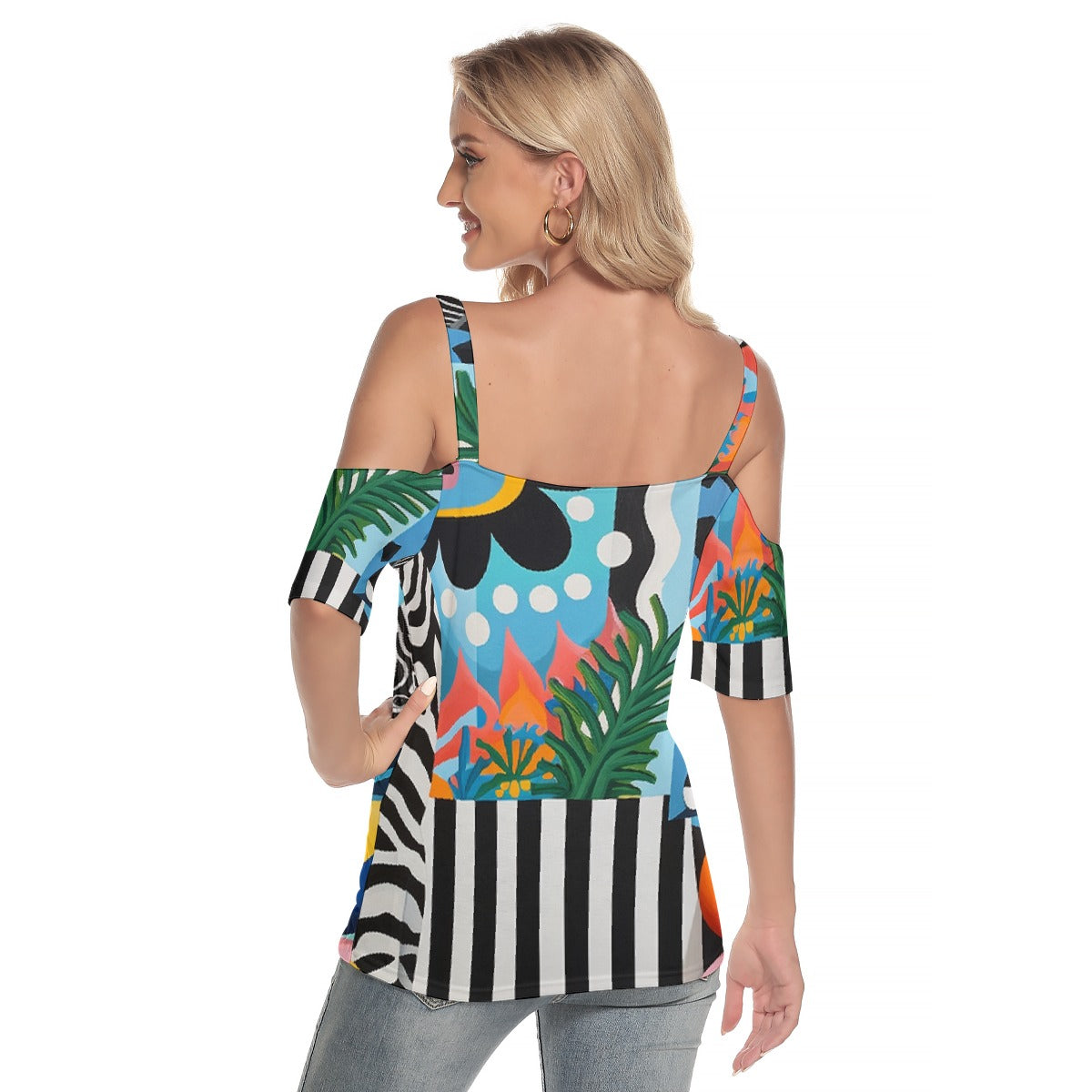 All-Over Print Women's Cold Shoulder T-shirt With Criss Cross Strips