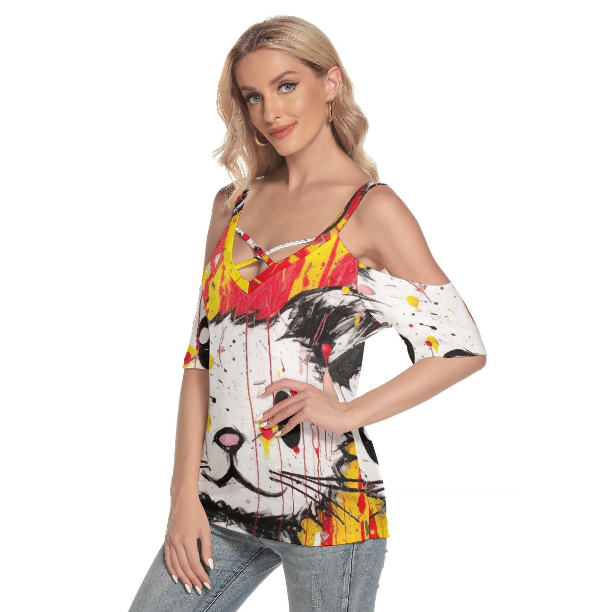 All-Over Print Women's Cold Shoulder T-shirt With Criss Cross Strips