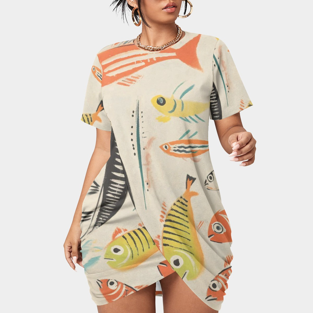 All-Over Print Women’s Stacked Hem Dress With Short Sleeve（Plus Size）