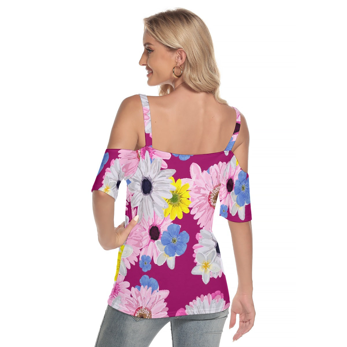 All-Over Print Women's Cold Shoulder T-shirt With Criss Cross Strips