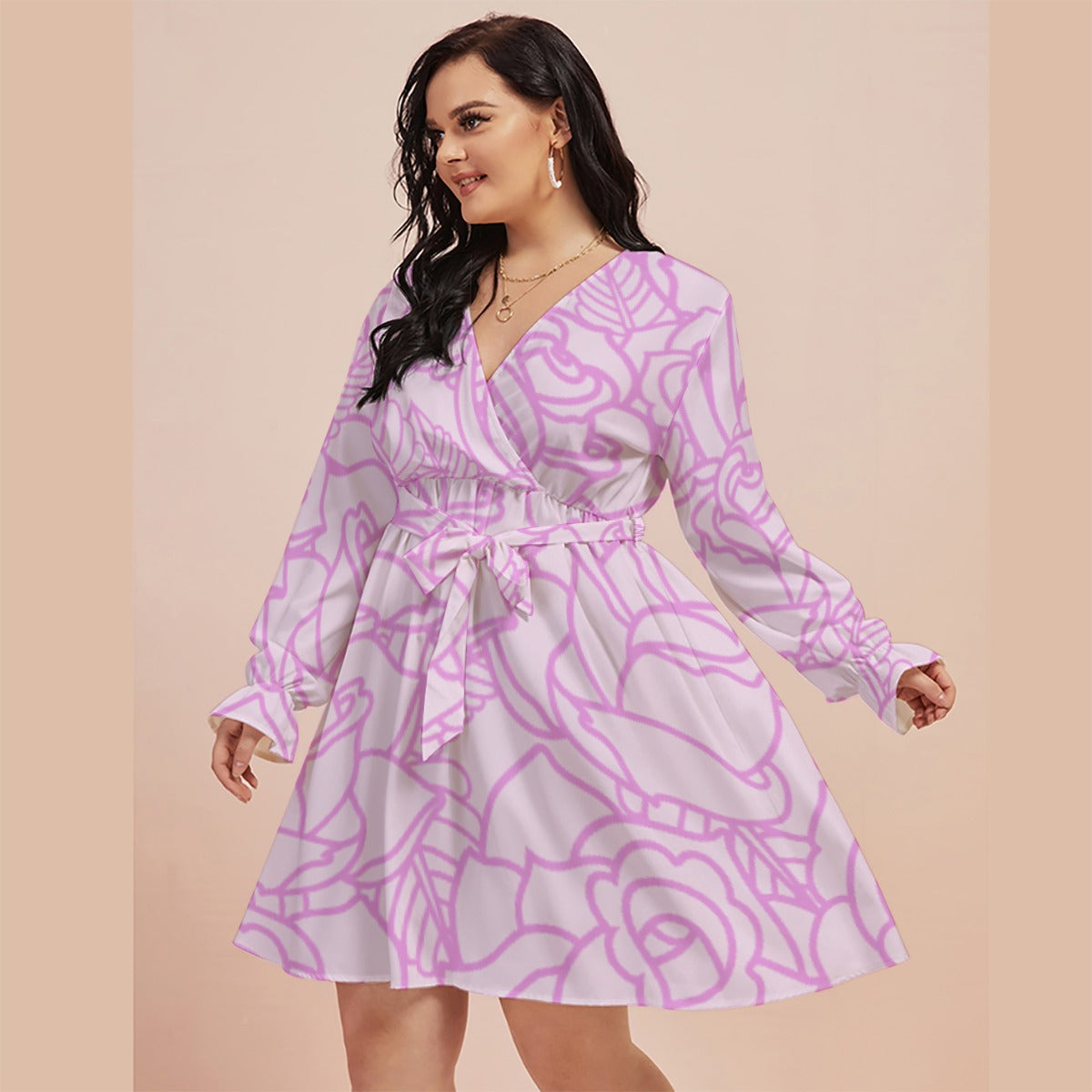 All-Over Print Women's V-neck Dress With Waistband(Plus Size)