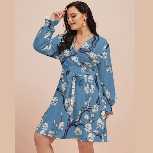 All-Over Print Women's V-neck Dress With Waistband(Plus Size)