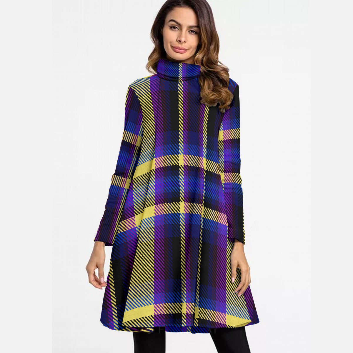 All-Over Print Women's High Neck Dress With Long Sleeve