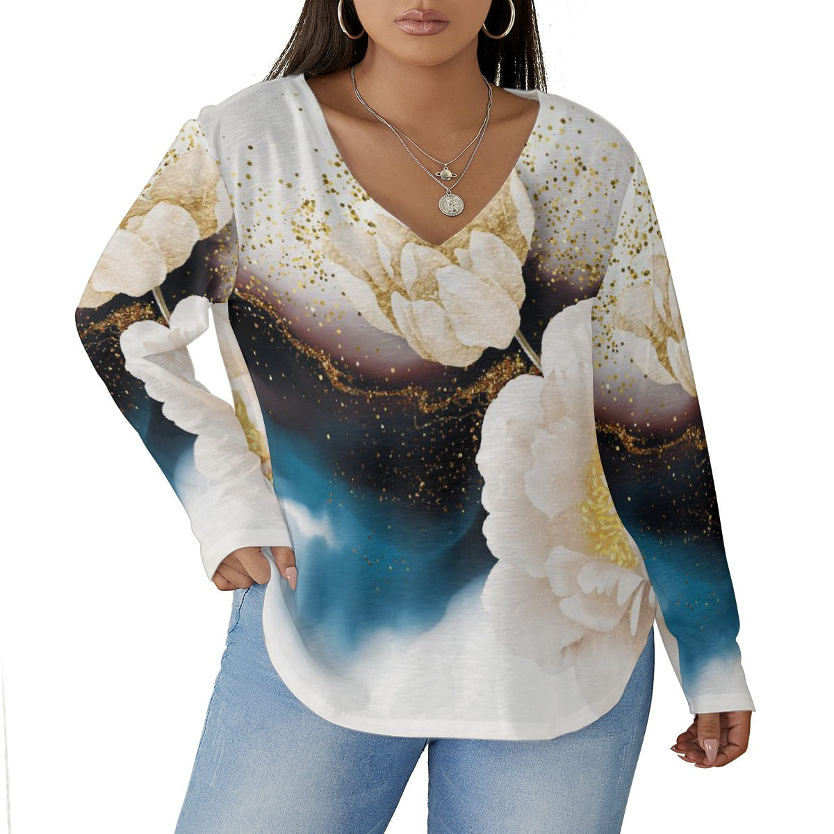 All-Over Print Women's V-neck T-shirt With Curved Hem(Plus Size)