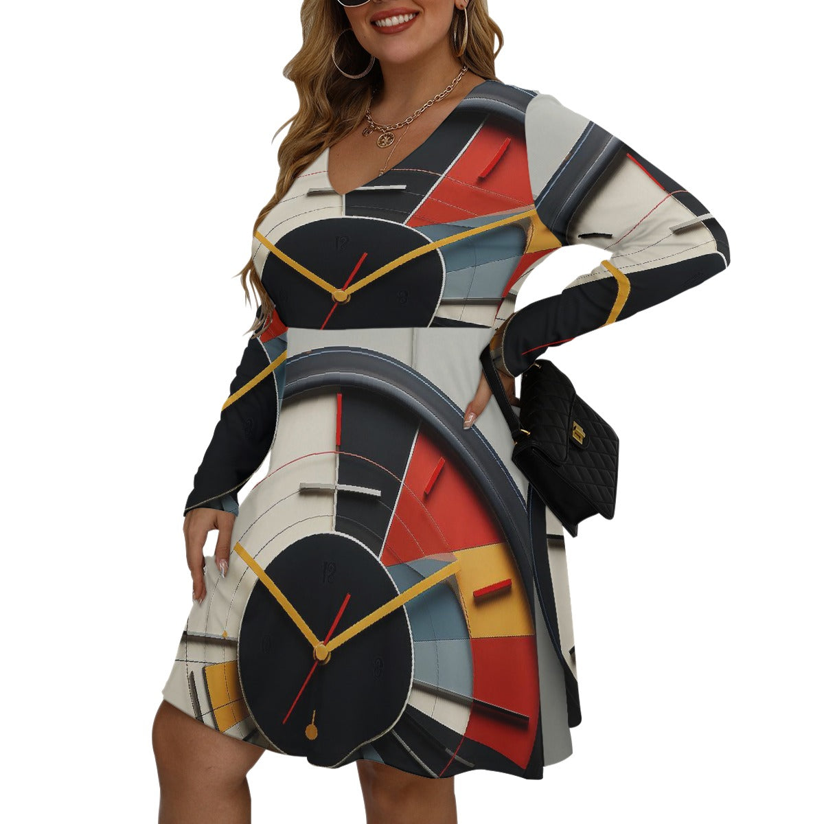 All-Over Print Women's V-neck Long Sleeve Dress(Plus Size)