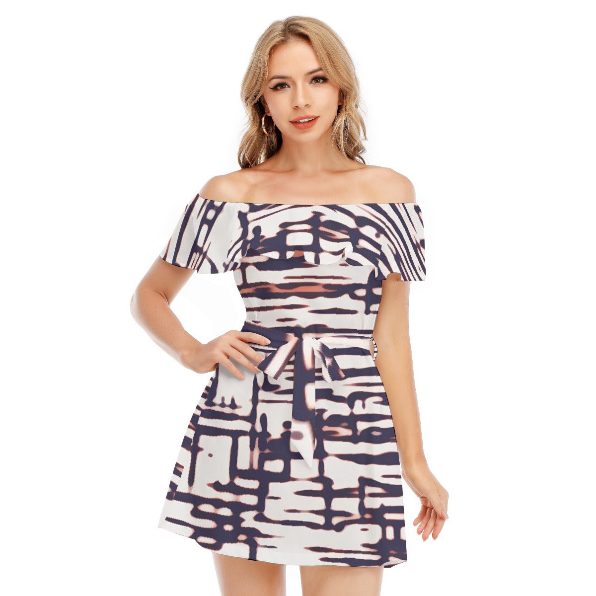 All-Over Print Women's Off-shoulder Dress With Ruffle