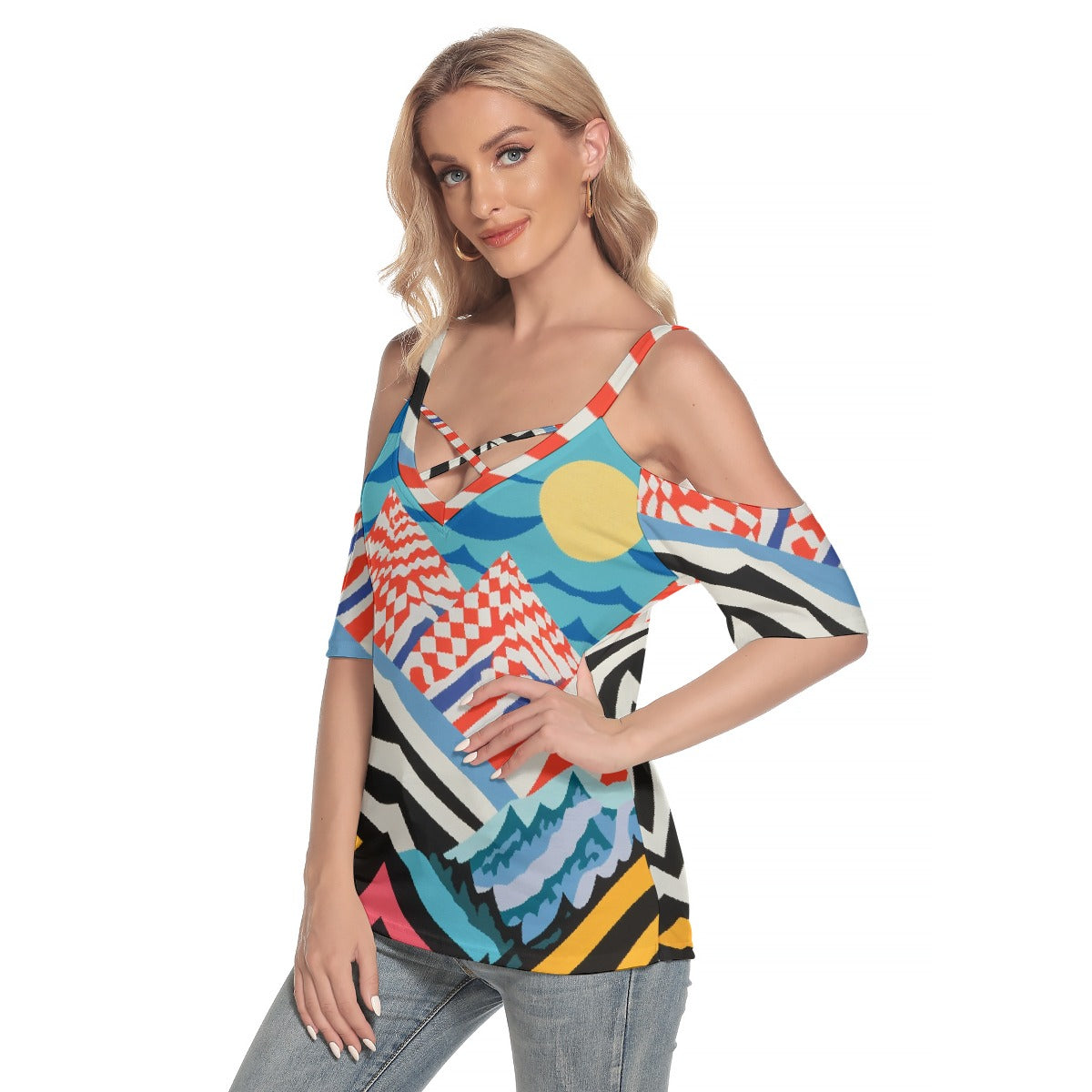 All-Over Print Women's Cold Shoulder T-shirt With Criss Cross Strips