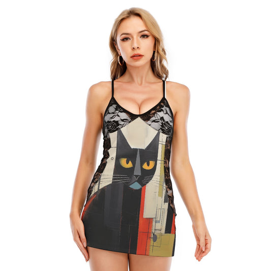 All-Over Print Women's Black Lace Cami Dress