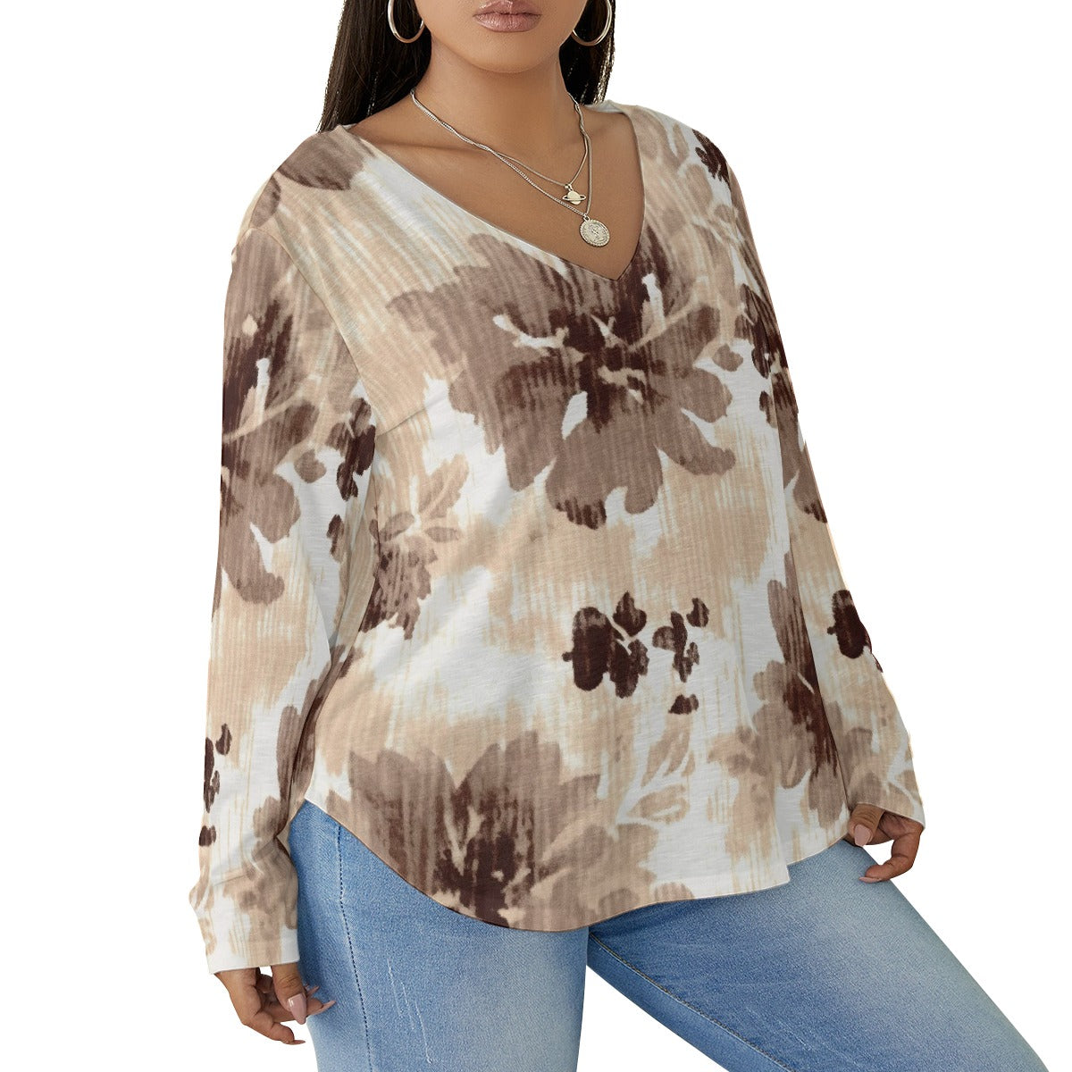 All-Over Print Women's V-neck T-shirt With Curved Hem(Plus Size)