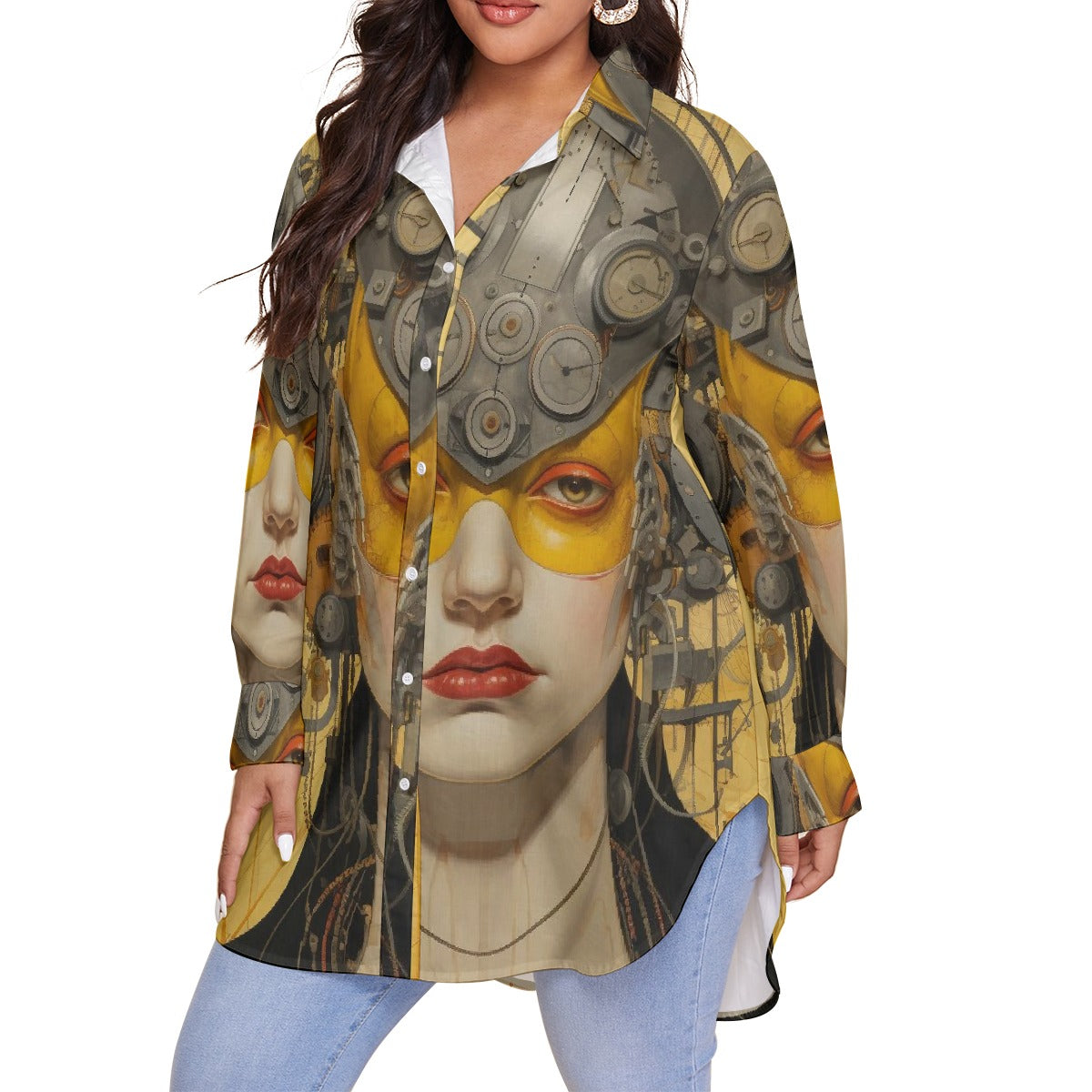 All-Over Print Women's Shirt With Long Sleeve(Plus Size)