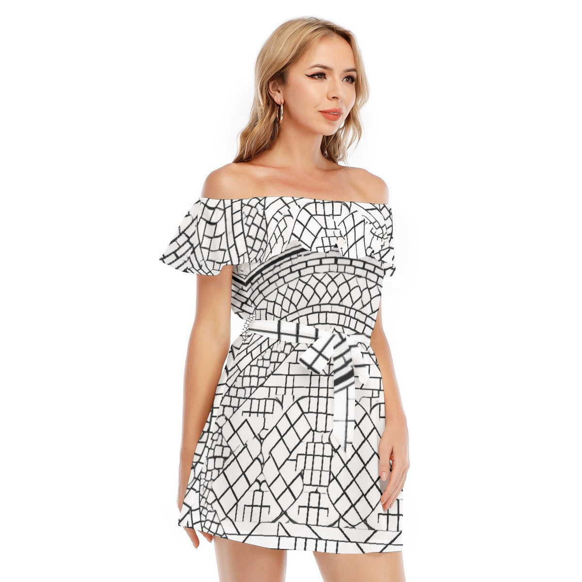 All-Over Print Women's Off-shoulder Dress With Ruffle