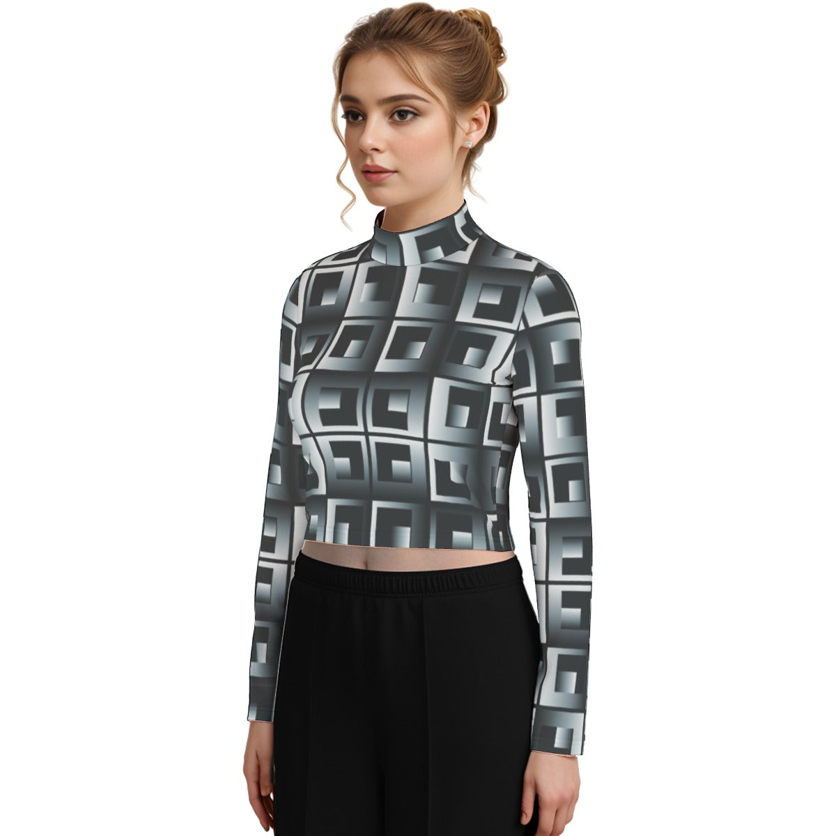 Eco-Friendly All-Over Print Women's Turtleneck T-shirt With Long Sleeve